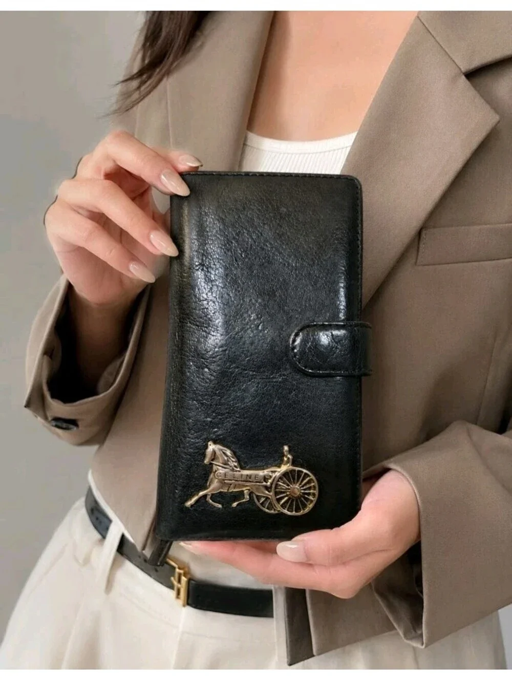 Celine Sulky Horse Carriage Black Leather Vintage Long Wallet Big Logo, Vintage